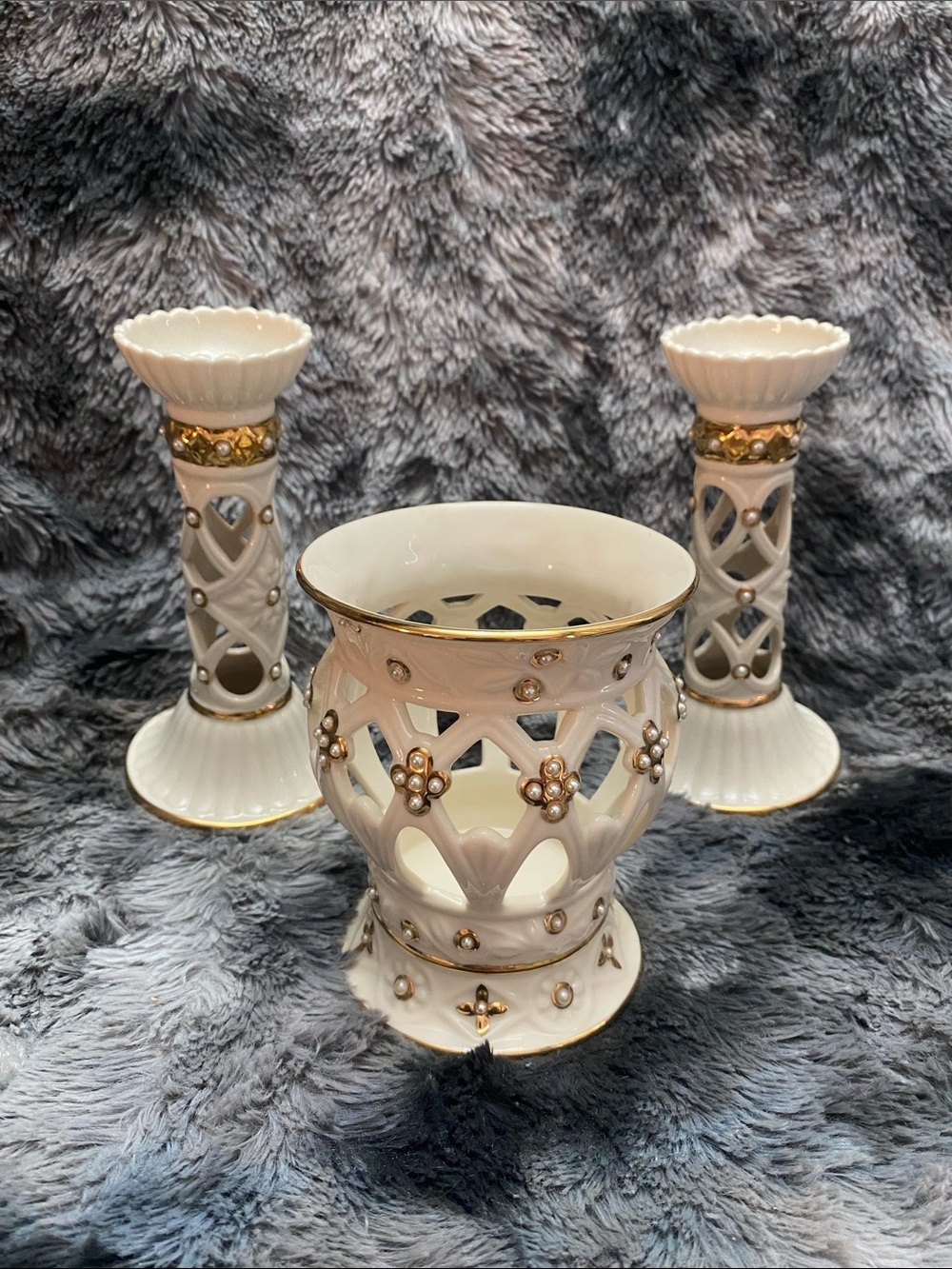 Lenox Candle stick set and Votive Candleholder
"Florentine & Pearl" Collection